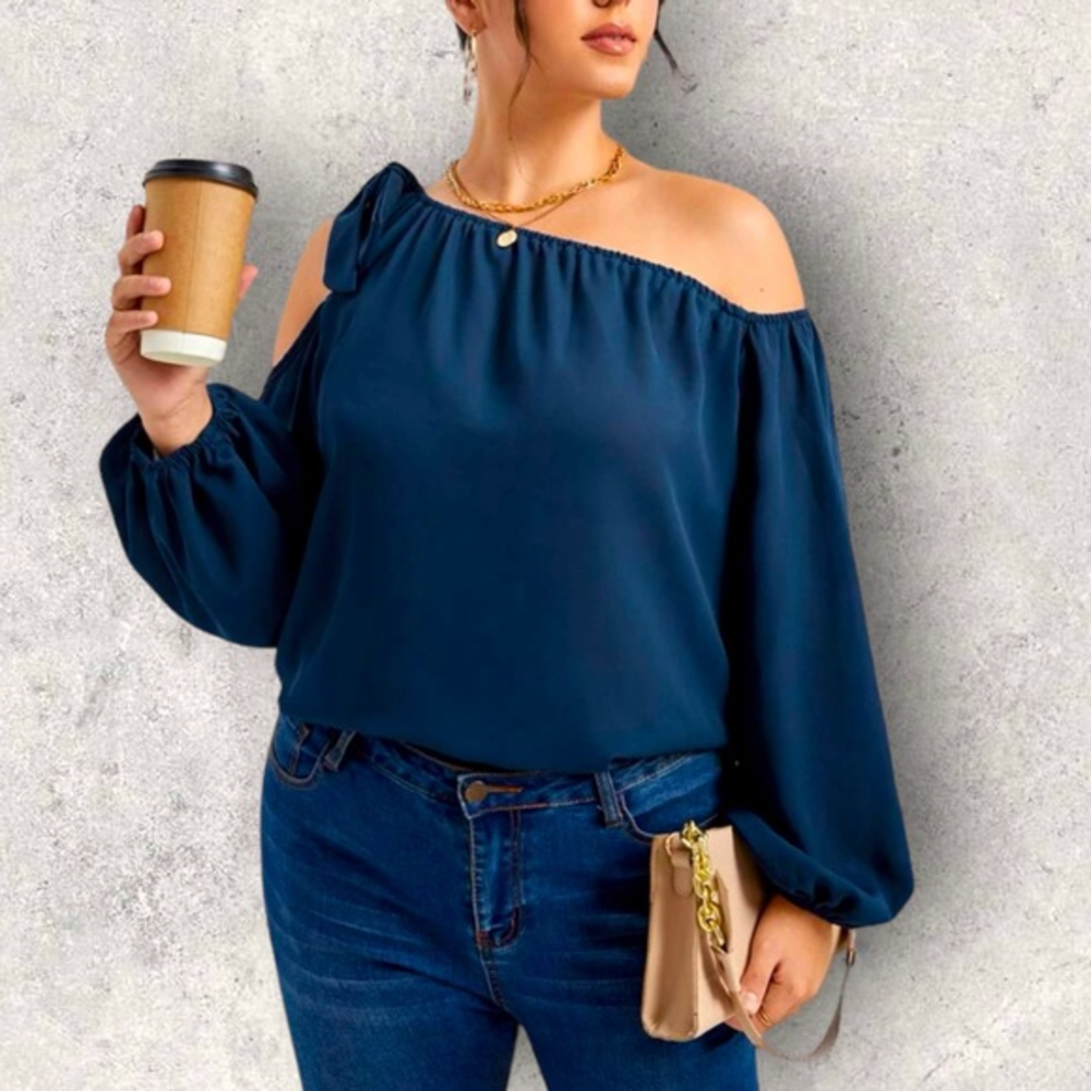 Shein Clasi Plus Knot Asymmetrical Neck Lantern Sleeve Blouse Size 12 (0XL)